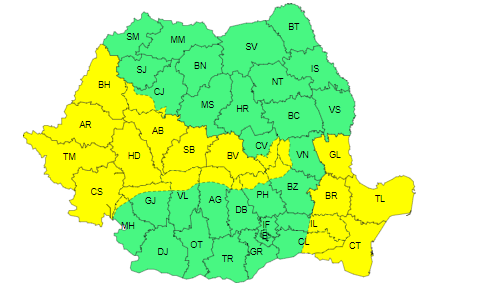 Cod galben privind intensificări ale vântului, în Banat, Crişana, sudul Transilvaniei, Dobrogea, estul Munteniei şi sud-estul Moldovei, precum şi în Carpaţii Occidentali, Meridionali şi de Curbură