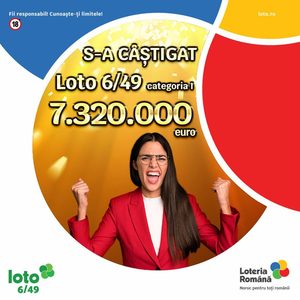 Loteria Română anunţă că a fost câştigat marele premiu la Loto 6/49, în valoare de peste 7,32 milioane de euro