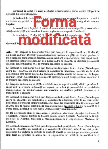 Federaţia Sănătatea din România reclamă modificarea proiectului de OUG privind creşterea salariilor pentru personalul TESA şi pentru personalul suport din spitale, prin schimbarea lunii la care se raportează majorarea de 20%