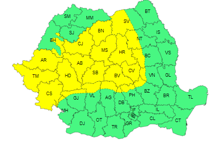 Averse, cu descărcări electrice şi, izolat, grindină şi vijelii, până joi seară/ Temperaturile vor scădea semnificativ/ Cod galben de ploi torenţiale şi chiar furtuni, în Banat, sudul Crişanei, Transilvania şi în zonele montane