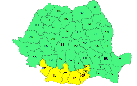 Vreme rece până sâmbătă dimineaţă, în cea mai mare parte a ţării/ Cod galben de vânt puternic, joi, în judeţele Mehedinţi, Dolj, Olt, Teleorman, Giurgiu, Ilfov şi în municipiul Bucureşti