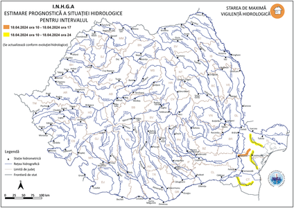 Cod galben hidrologic pentru râuri din Dobrogea, până joi noapte/ Cod portocaliu, emis pentru râul Topolog