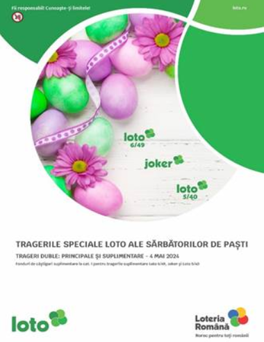 Trageri speciale Loto de Paşte - Vor fi trageri duble pentru jocurile Loto 6/49, Joker şi Loto 5/40/ Report cumulat la Noroc de peste 1,88 milioane de euro