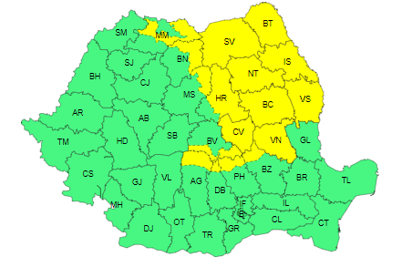 Ploile vor cuprinde cea mai mare parte a ţării, până joi seară/ Cod galben de ploi torenţiale, cu acumularea unor cantităţi importante de apă, în cea mai mare parte a Moldovei, estul Transilvaniei, în Carpaţii Orientali şi estul Carpaţilor Meridionali