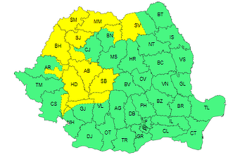 Cod galben de furtuni, în 15 judeţe din Maramureş, vestul Transilvaniei, nordul Crişanei, Carpaţii Occidentali, vestul Carpaţilor Meridionali şi nordul Carpaţilor Orientali 