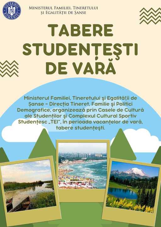 În perioada 14 iunie - 2 septembrie, Ministerul Familiei, Tineretului şi Egalităţii de Şanse organizează tabere studenţeşti / Înscrierea, selecţia şi definitivarea listelor cu studenţii beneficiari are loc până pe 5 iulie