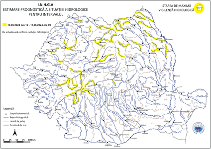 Cod galben, emis de hidrologi pentru râuri din 12 bazine hidrografice, până marţi dimineaţa
