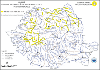 Cod galben hidrologic, din cauza riscului de viituri, cu posibile depăşiri ale cotelor de atenţie, pe râuri din 18 bazine hidrografice