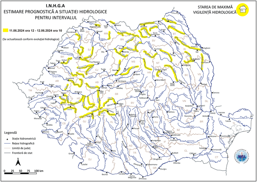 Cod galben hidrologic, din cauza riscului de viituri, cu posibile depăşiri ale cotelor de atenţie, pe râuri din 18 bazine hidrografice