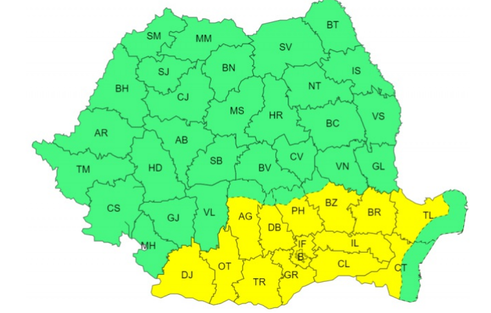 Cod galben de temperaturi ridicate şi disconfort termic, în Muntenia, în sudul Olteniei şi în zona continentală a Dobrogei/ Cod galben de instabilitate atmosferică - ploi torenţiale, vijelii şi grindină, în cea mai mare parte a ţării