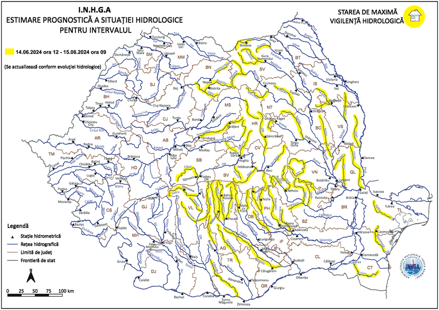 Cod galben privind riscul de inundaţii pe râuri din Transilvania, Bucovina, Moldova, Oltenia, Muntenia şi Dobrogea