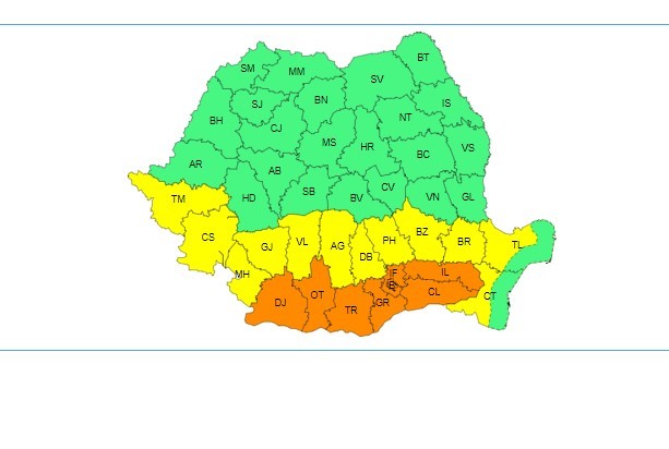 UPDATE - Cod portocaliu de caniculă luni, în şapte judeţe şi în Bucureşti /  Cea mai mare parte a Transilvaniei şi local la munte, cod galben de instabilitate atmosferică, de luni de la prânz