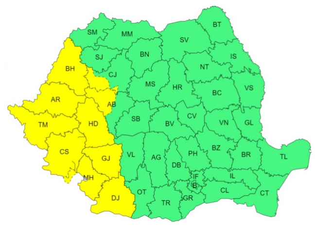 Cod galben de furtuni, în zece judeţe din Oltenia, Banat, Crişana şi vestul Transilvaniei, precum şi în zona Carpaţilor Occidentali şi vestul Carpaţilor Meridionali/ Cod galben de caniculă, în nouă judeţe din Oltenia, Muntenia, Banat şi în Bucureşti