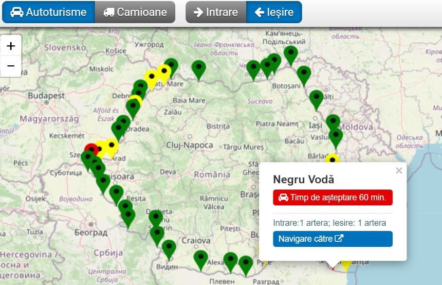 Aglomeraţie, la ieşirea din ţară, la punctele de trecere a frontierei Negru Vodă şi Cenad
