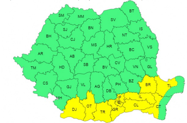 Cod galben privind val de căldură persistent şi disconfort termic, luni şi marţi, în sudul Olteniei, sudul, centrul şi estul Munteniei, precum şi în Dobrogea continentală/ Temperaturile maxime vor fi de 33-36 de grade