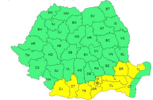 Cod galben privind val de căldură persistent şi disconfort termic, luni şi marţi, în sudul Olteniei, sudul, centrul şi estul Munteniei, precum şi în Dobrogea continentală/ Temperaturile maxime vor fi de 33-36 de grade