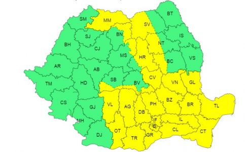 Cod galben de furtuni, până joi seară, în Muntenia, Dobrogea, estul Olteniei, sudul Moldovei şi local în zona de munte
