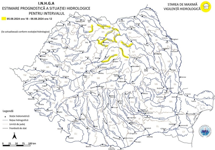 Atenţionare hidrologică cod galben pentru râuri din judeţele judeţele Maramureş, Harghita, Mureş, Bistriţa Năsăud, Suceava şi Neamţ