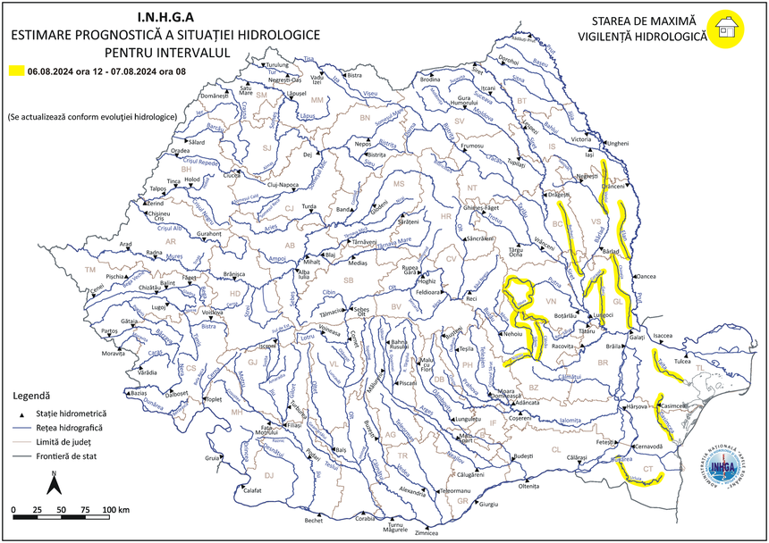 Cod galben de viituri pe râuri din Muntenia, Moldova şi Dobrogea, până miercuri dimineaţă