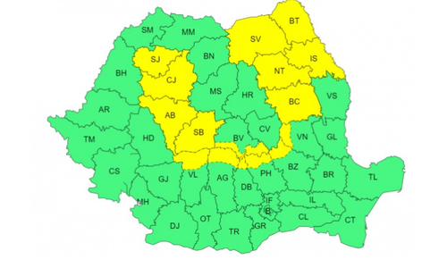 Cod galben de furtuni, în cea mai mare parte a Moldovei, vestul şi sud-vestul Transilvaniei şi local la munte/ Cod galben de caniculă în judeţele Dolj, Olt, Teleorman, Giurgiu, Ilfov şi în municipiul Bucureşti