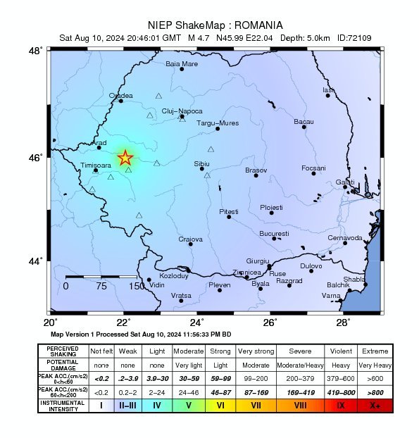 UPDATE - Cutremur cu magnitudinea 4,7 pe scara Richter, în judeţul Arad/ ISU: Nu au fost identificate efecte negative şi nu au fost primite apeluri la 112