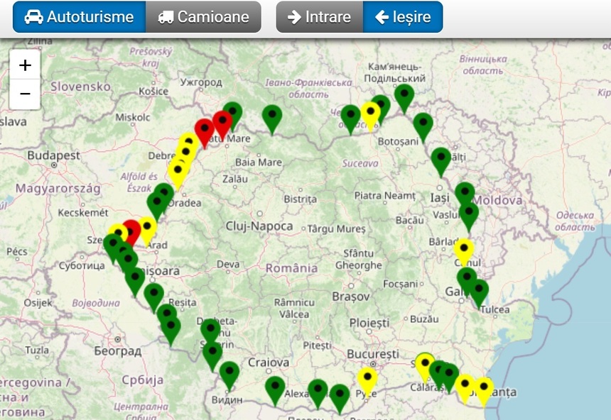 Aglomeraţie la ieşirea din ţară spre Ungaria. În trei puncte de trecere a frontierei, timpul de aşteptare pentru formalităţile vamale depăşeşte o oră