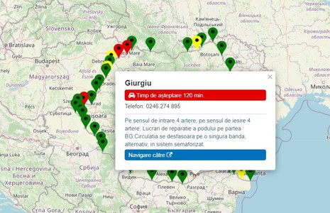 Aglomeraţie la Giurgiu pe sensul de ieşire spre Bulgaria. Timpul de aşteptare este de 120 de minute. Pe frontiera de vest, cea mai aglomerată este Vama Petea, unde cei care vor să iasă din ţară aşteaptă 150 de minute