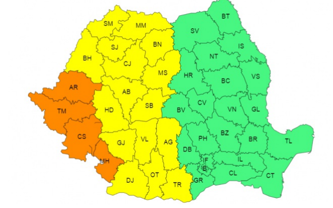 Cod galben de temperaturi ridicate, în jumătatea vestică a ţării/ Cod portocaliu de caniculă în judeţele Arad, Timiş, Caraş-Severin şi Mehedinţi/ Marţi, Codul galben va viza aproape toată ţara, iar Codul portocaliu se va menţine în cele patru judeţe