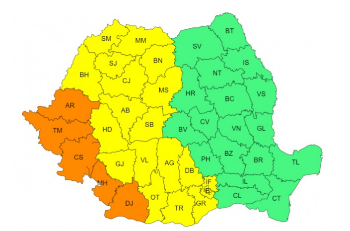 Cod galben de temperaturi deosebit de ridicate, în Maramureş, nordul Crişanei, Transilvania, nordul şi estul Olteniei şi în jumătatea vestică a Munteniei/ Cod portocaliu de caniculă în 5 judeţe/ Joi, Codul galben se restrânge la opt judeţe din vest şi sud