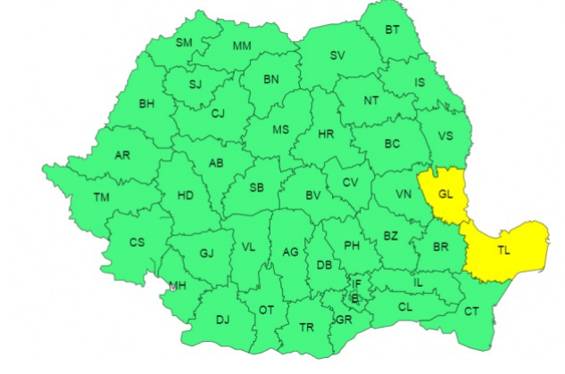 Cod galben de ploi, în Galaţi şi Tulcea/ Cod galben de temperaturi ridicate, în Bihor, Arad, Timiş, Caraş-Severin, Mehedinţi, Dolj, Olt şi Teleorman/ Vineri, Codul galben de căldură se va restrânge la şase judeţe