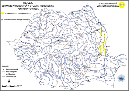 Cod galben, emis de hidrologi pentru râuri din judeţele Iaşi, Vaslui şi Galaţi, până miercuri la prânz