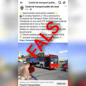 Primăria Arad reclamă o tentativă de fraudă, după ce pe Facebook a apărut o pagină care oferă carduri de transport public, valabile 6 luni, la preţul de 12 lei / Cetăţenii sunt avertizaţi să nu ofere informaţii personale sau financiare