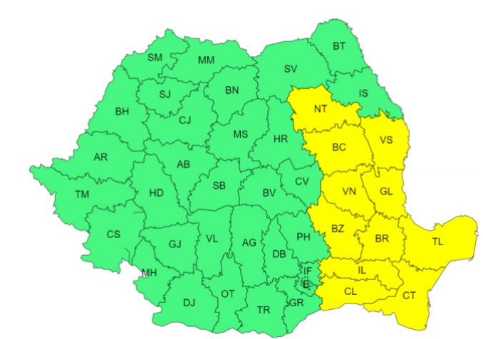 Cod galben de ploi însemnate cantitativ, în judeţele Neamţ, Bacău, Vaslui, Galaţi, Vrancea, Tulcea şi Constanţa/ Cod galben privind intensificări ale vântului, în opt judeţe/ Vineri, vântul va continua să aibă intensificări pe litoral/ Vremea în Bucureşti