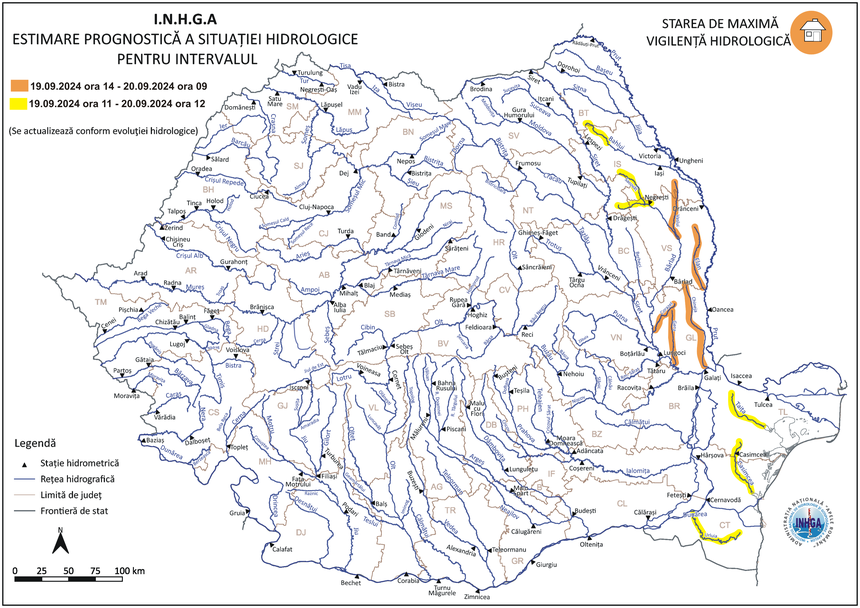 Codurile hidrologice, actualizate pentru râuri din Moldova şi Dobrogea/ Cod portocaliu pentru râuri din bazinele hidrografice Bârlad, Siret şi Prut/ Cod galben pe râuri din judeţele Neamţ, Vaslui, Iaşi, Galaţi, Botoşani, Tulcea şi Constanţa