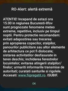 Mesaj Ro-Alert în Bucureşti şi Ilfov, înainte de intrare în vigoare a Codului portocaliu de ploi abundente