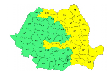 Cod galben de ploi şi intensificări ale vântului, în Moldova, Dobrogea şi estul Munteniei/ Cod galben de ninsori, în Carpaţii Orientali şi Meridionali/ Un alt Cod galben de vânt puternic, marţi, în Dobrogea, jumătatea de sud a Moldovei şi estul Munteniei