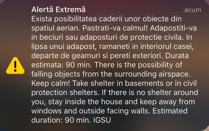 UPDATE - Mesaj RO-Alert pentru nord-estul judeţului Tulcea/ Cetăţenii, avertizaţi că există posibilitatea căderii unor obiecte în zona de graniţă cu Ucraina/ MApN: Sistemele radar au indicat două ţinte aeriene; două avioane F-16 au monitorizat situaţia