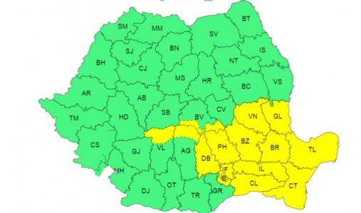 Ploi şi intensificări ale vântului, până marţi dimineaţă, în sudul, sud-estul şi local în centrul ţării/ Cod galben de vânt puternic, în Dobrogea, sudul Moldovei şi Muntenia/ Cod galben de ploi în şase judeţe şi în Bucureşti