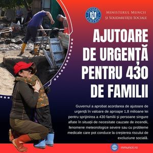 Ministerul Muncii: Guvernul a aprobat acordarea de ajutoare de urgenţă în sumă totală de 1.789.520 lei pentru sprijinirea a 430 familii şi persoane singure