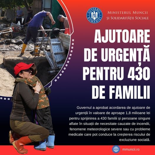 Ministerul Muncii: Guvernul a aprobat acordarea de ajutoare de urgenţă în sumă totală de 1.789.520 lei pentru sprijinirea a 430 familii şi persoane singure