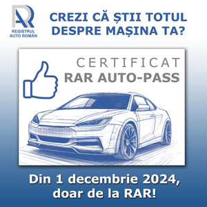 Registrul Auto Român emite, începând din 1 decembrie, certificatul RAR Auto-Pass, document digital care fi solicitat exclusiv online şi care conţine informaţii utile în cazul vânzării/cumpărării unui autovehicul - număr de km, reparaţii, date privind ITP