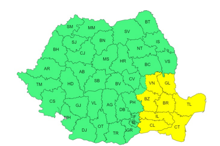 Ploi şi ninsori, până duminică dimineaţă, în cea mai mare parte a ţării/ Cod galben de vânt puternic, în sudul Moldovei, jumătatea estică a Munteniei şi în Dobrogea/ Cod galben de ninsori viscolite şi polei, în Tulcea, Constanţa, Ialomiţa şi Călăraşi