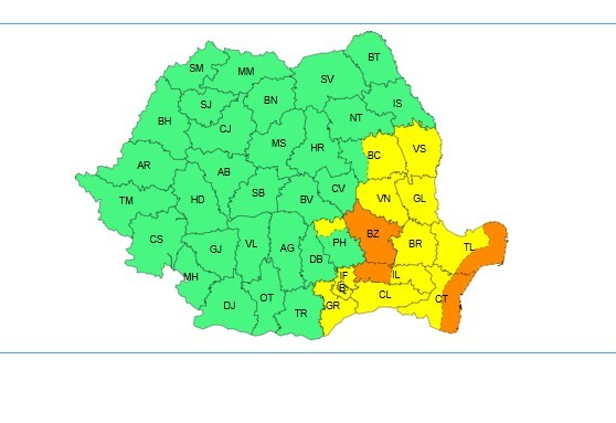 ANM - Cod portocaliu de vânt joi în zona joasă a judeţului Buzău şi în jumătatea vestică a judeţului Ialomiţa şi pe litoral / Cod galben de vânt în Dobrogea, sudul şi estul Munteniei, centrul şi sudul Moldovei/ Ce se întâmplă în noaptea de joi spre vineri