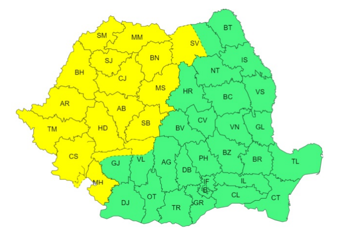 Ploi în Banat, Crişana şi Moldova, precipitaţii mixte în Maramureş şi Transilvania şi ninsori la deal şi la munte, de vineri/ Temperaturile scad semnificativ/ Cod galben de vânt puternic şi viscol, în mai multe zone ale ţării