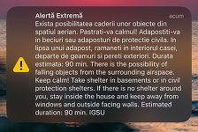 Mesaj RO-Alert privind posibilitatea căderii unor obiecte din spaţiul aerian, în zona de nord a judeţului Tulcea, la graniţa cu Ucraina