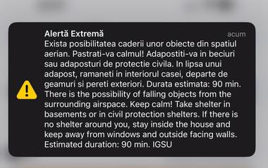 UPDATE - Mesaje RO-Alert privind posibilitatea căderii unor obiecte din spaţiul aerian/ MApN: O ţintă aeriană a intersectat pentru scurt timp spaţiul aerian naţional, în apropiere de localitatea Reni / Posibile resturi de dronă, căzute în judeţul Galaţi