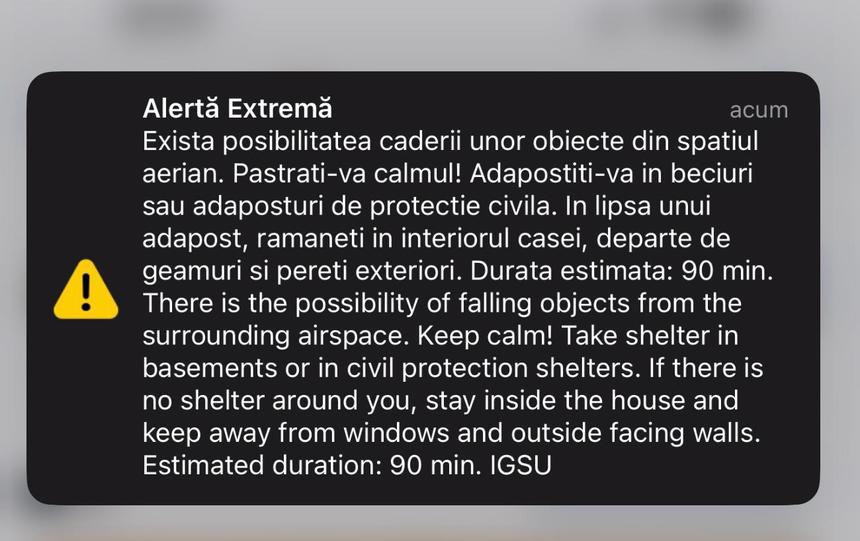 UPDATE - Mesaje RO-Alert privind posibilitatea căderii unor obiecte din spaţiul aerian/ MApN: O ţintă aeriană a intersectat pentru scurt timp spaţiul aerian naţional, în apropiere de localitatea Reni / Posibile resturi de dronă, căzute în judeţul Galaţi