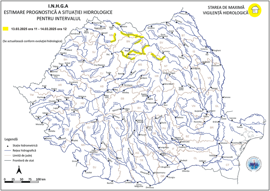 Hidrologii avertizează că există riscul producerii unor viituri pe râuri din cinci judeţe şi al unor inundaţii locale/ Codul galben, valabil până vineri la prânz