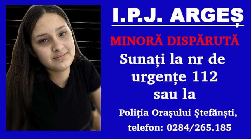 Argeş: Fată de 13 ani care a plecat din Ştefăneşti la Piteşti să se întâlnească cu o persoană, dată dispărută

