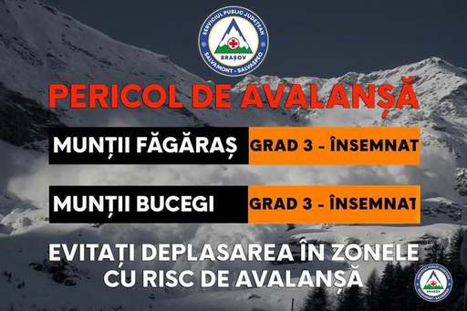 Salvamont Braşov: Risc însemnat de avalanşe în munţii Făgăraş şi Bucegi/ Stratul nou-depus de zăpadă va fi instabil, iar declanşarea avalanşelor, în general de dimensiuni medii sau mici, va fi posibilă chiar şi la supraîncărcări slabe ale stratului